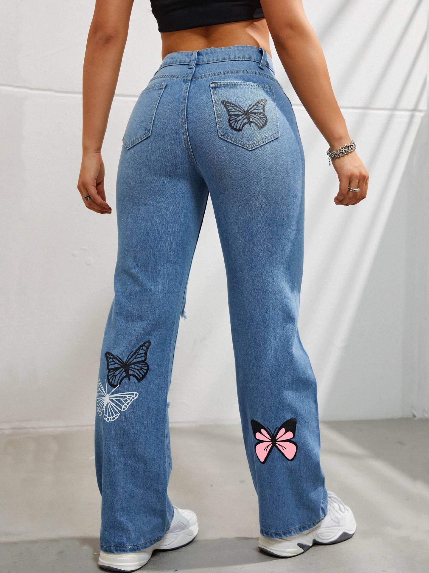 High Waisted Straight Leg Jeans For Women - Trendy Butterfly Print Ripped Distressed Denim