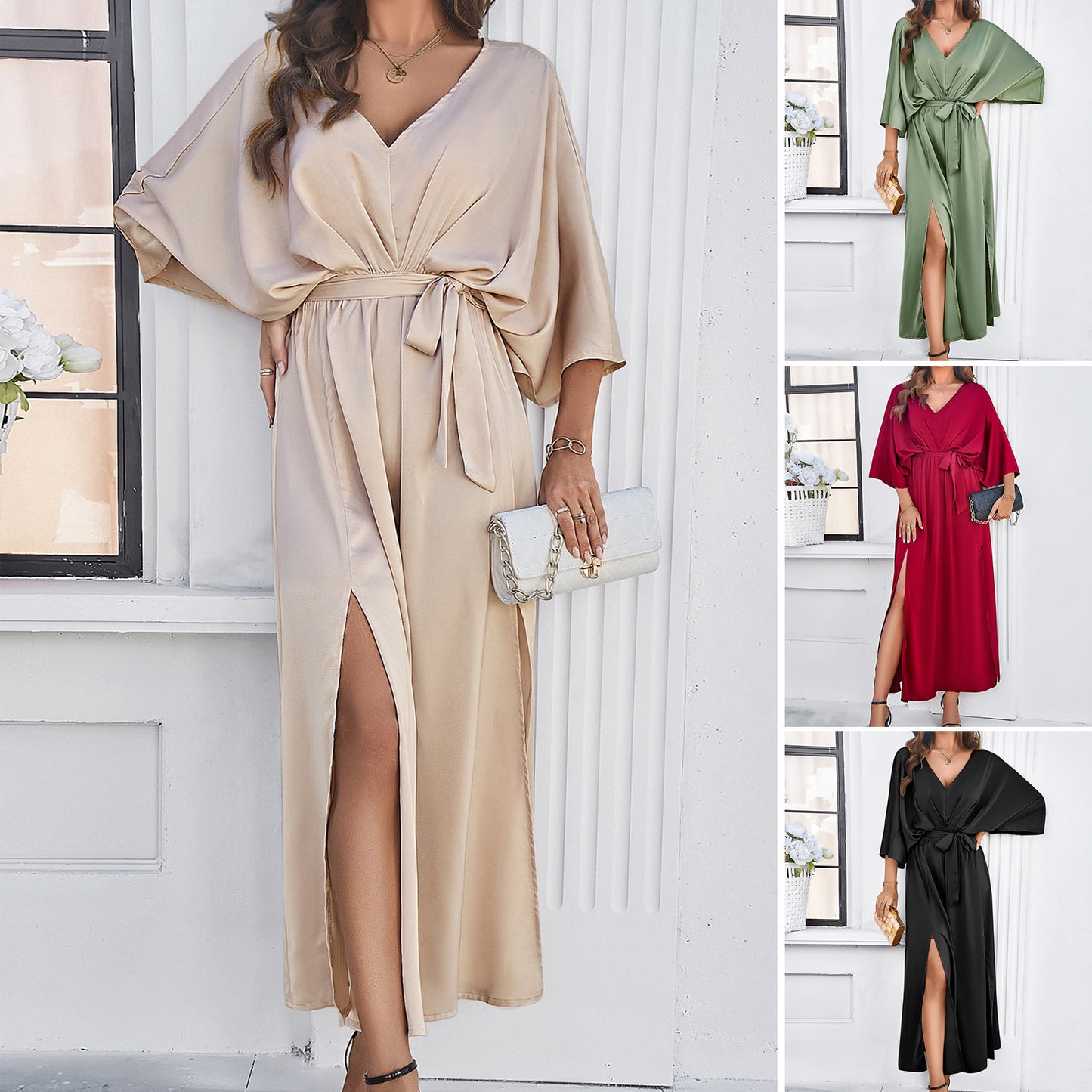 Elegant Flow: V-neck Bat Sleeve Maxi Dress with High Waist and Split Design