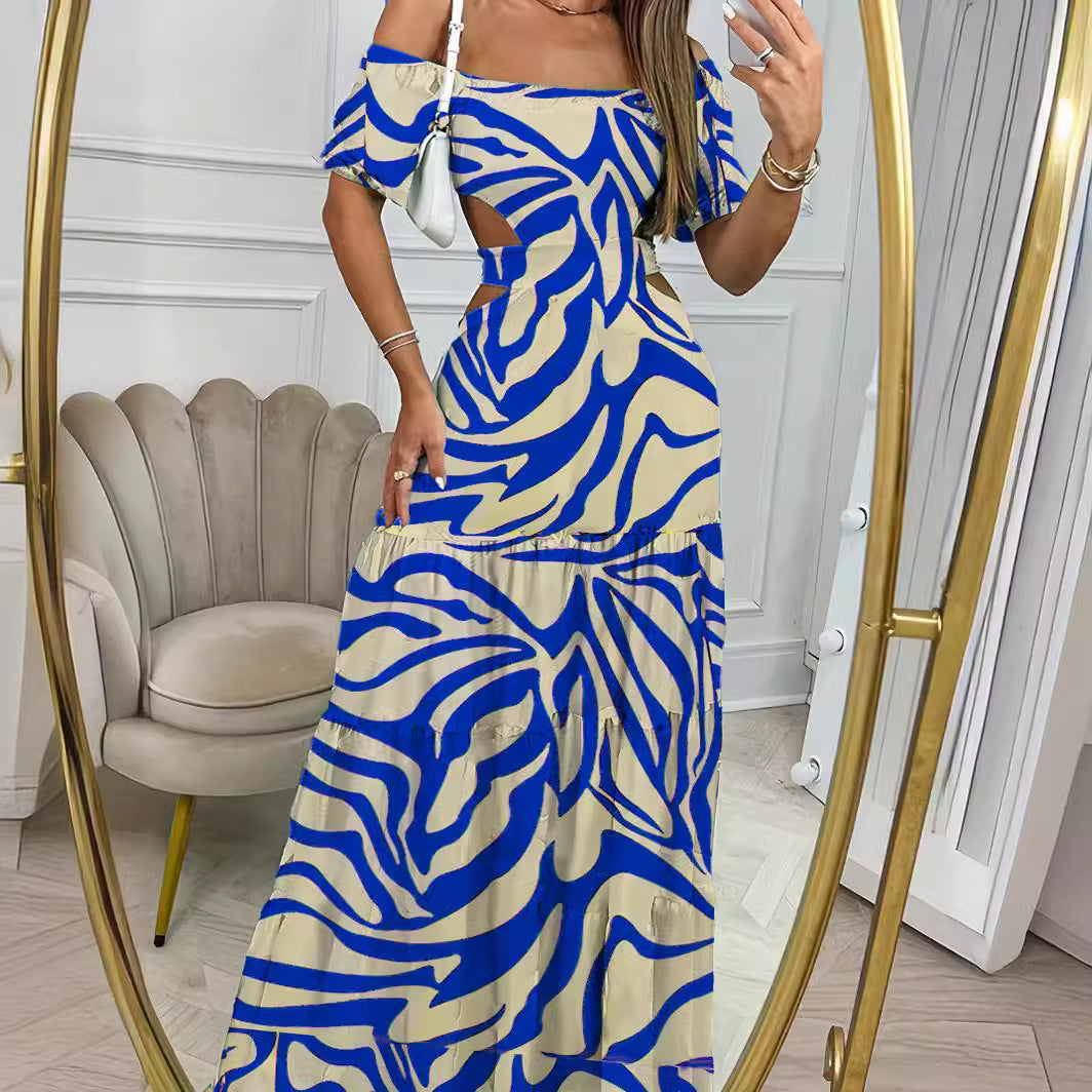 Chic Summer Maxi Dress with Hollow Waist and One-Line Collar