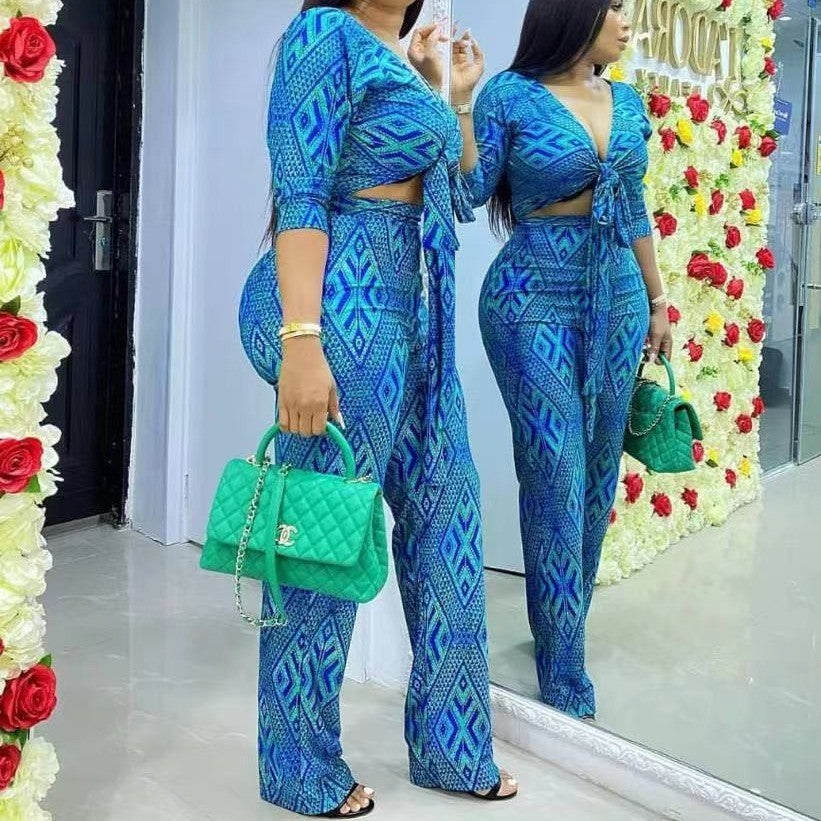 African Women Fashion Tops and Pants Set: Blue Polyester Outfit in Sizes M, L, XL