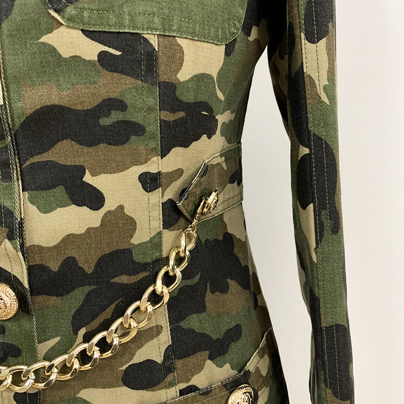 Camouflage Dress with Epaulet Collar, Gold Buttons, and Chain Detail