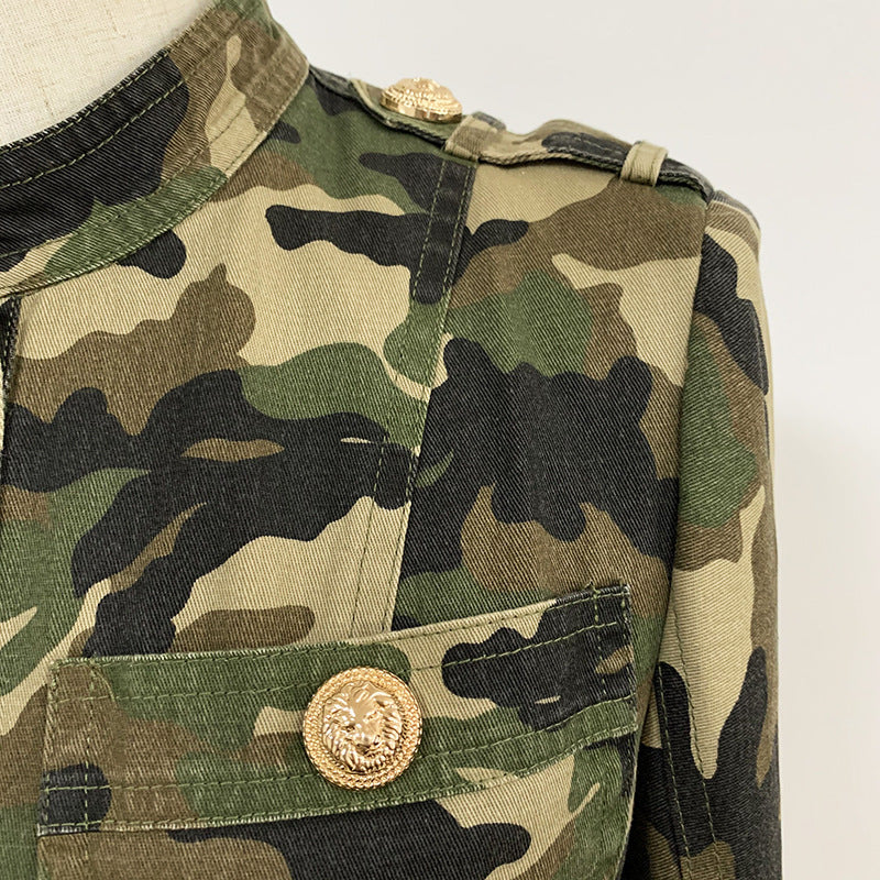 Camouflage Dress with Epaulet Collar, Gold Buttons, and Chain Detail