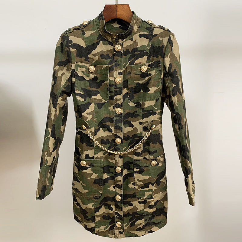 Camouflage Dress with Epaulet Collar, Gold Buttons, and Chain Detail