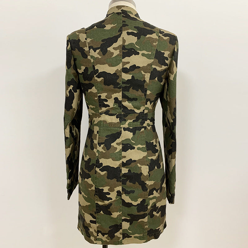 Camouflage Dress with Epaulet Collar, Gold Buttons, and Chain Detail