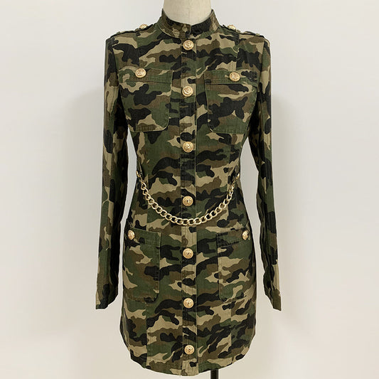 Camouflage Dress with Epaulet Collar, Gold Buttons, and Chain Detail