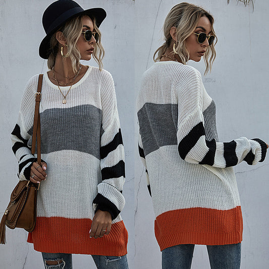 Women’s Striped Round Neck Knit Sweater - Cozy and Stylish