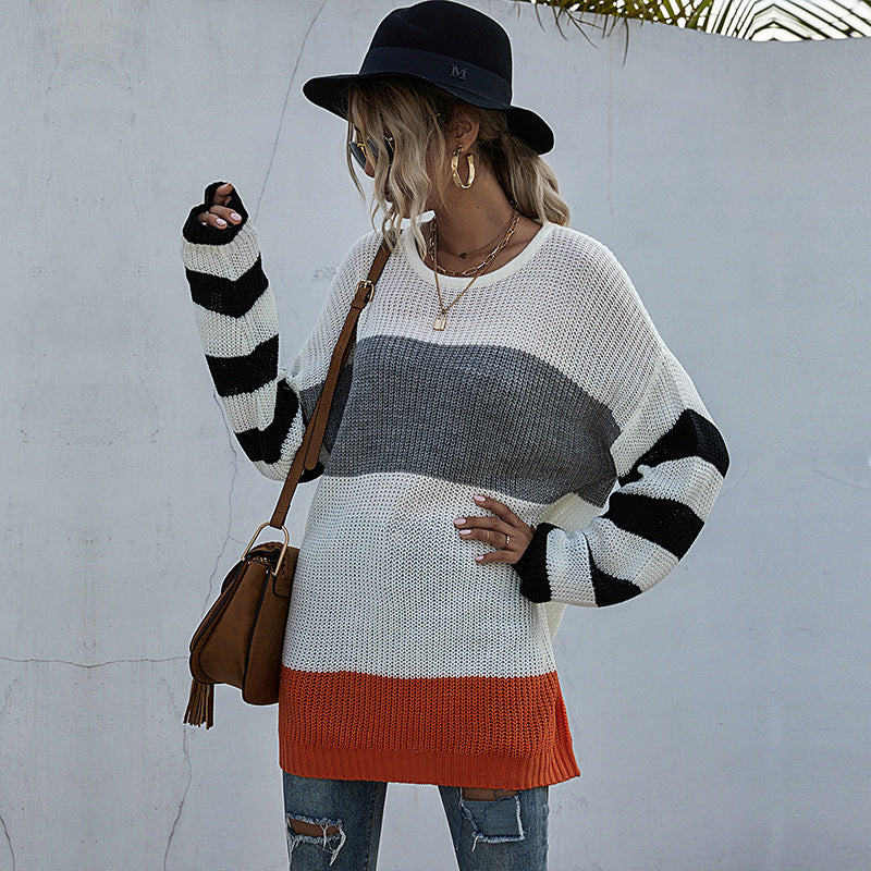 Women’s Striped Round Neck Knit Sweater - Cozy and Stylish