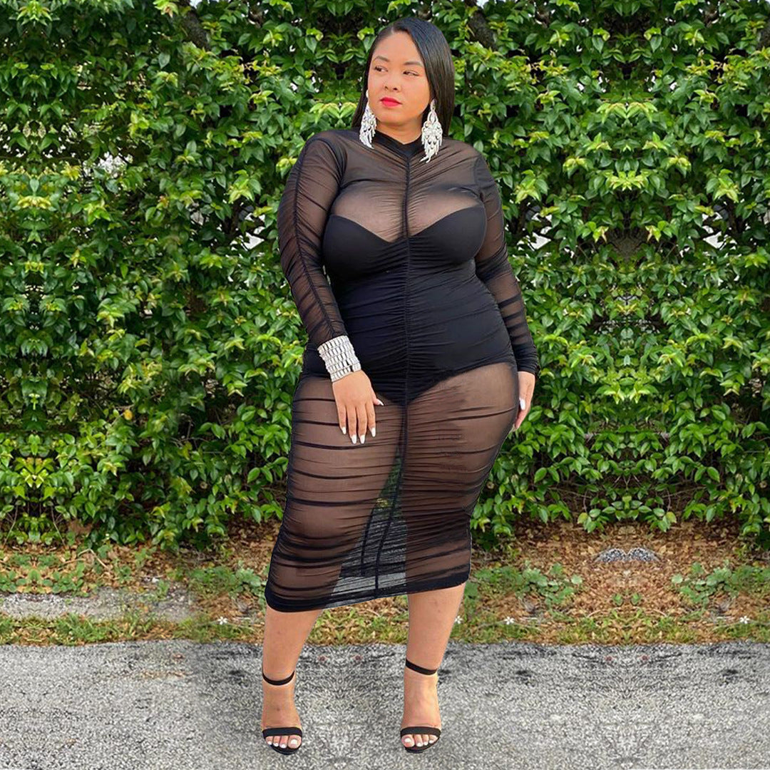 Sexy Plus Size Mesh Bodycon Dress with Long Sleeves and Bodysuit Lining