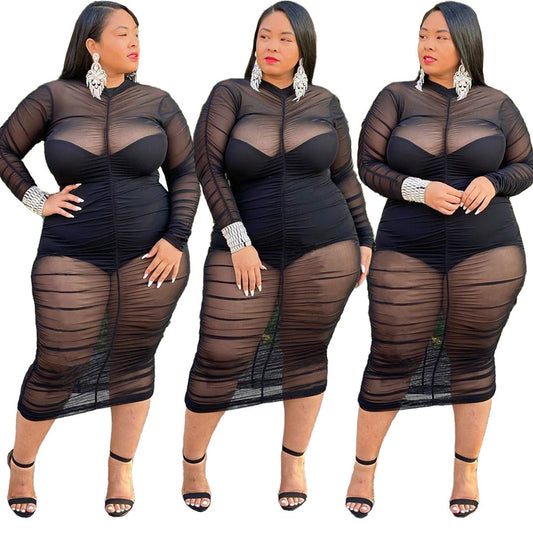 Sexy Plus Size Mesh Bodycon Dress with Long Sleeves and Bodysuit Lining