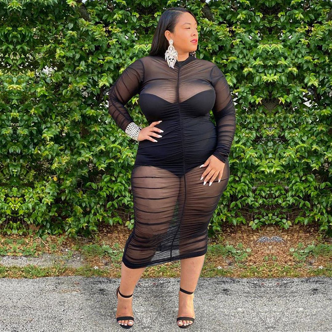 Sexy Plus Size Mesh Bodycon Dress with Long Sleeves and Bodysuit Lining