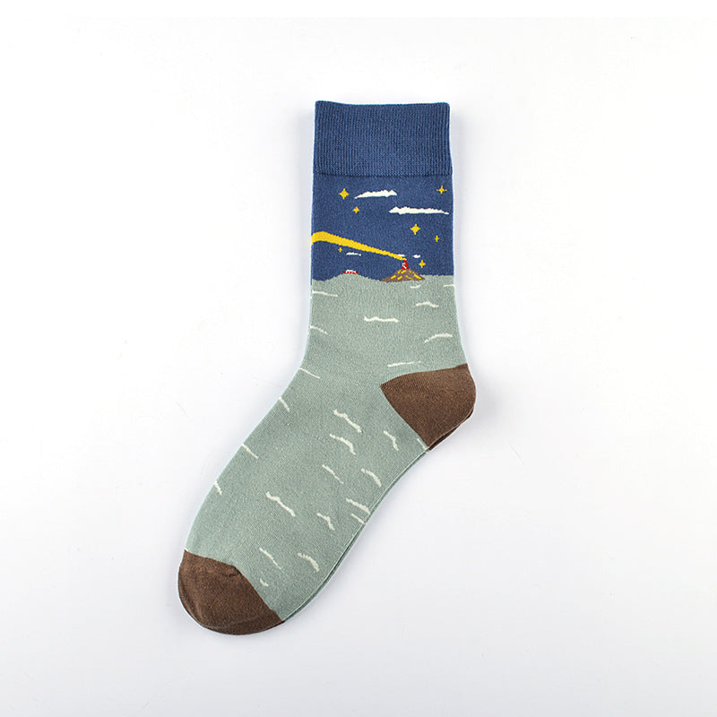 Personality Tide Socks | Lighthouse Tide Socks | Combed Cotton Embroidered Tube Socks