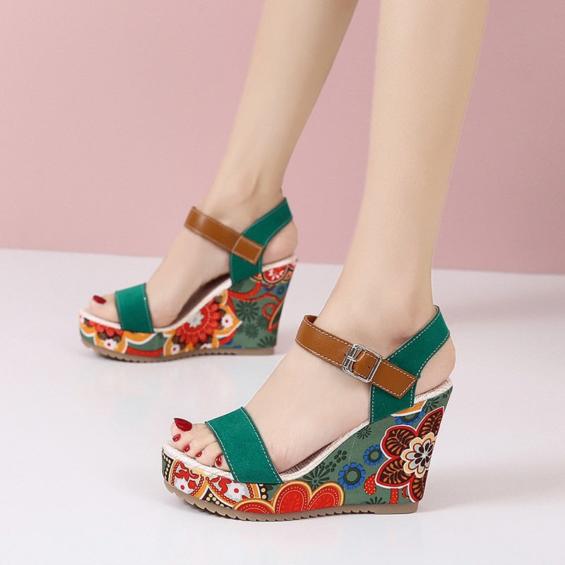 Elegant Floral Embroidered High Wedge Sandals with Buckle - Perfect for Summer