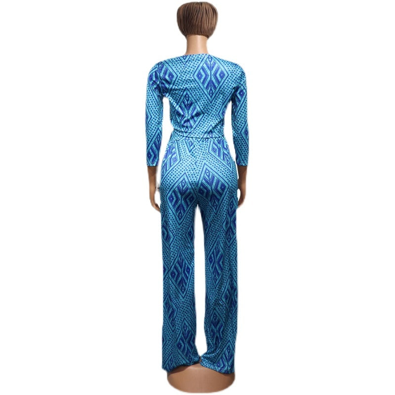 African Women Fashion Tops and Pants Set: Blue Polyester Outfit in Sizes M, L, XL