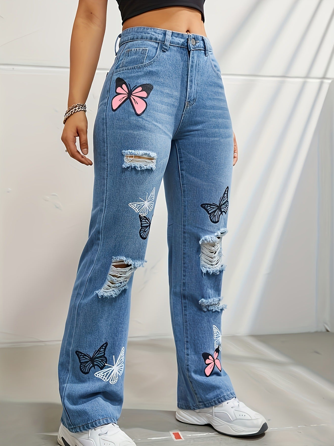 High Waisted Straight Leg Jeans For Women - Trendy Butterfly Print Ripped Distressed Denim