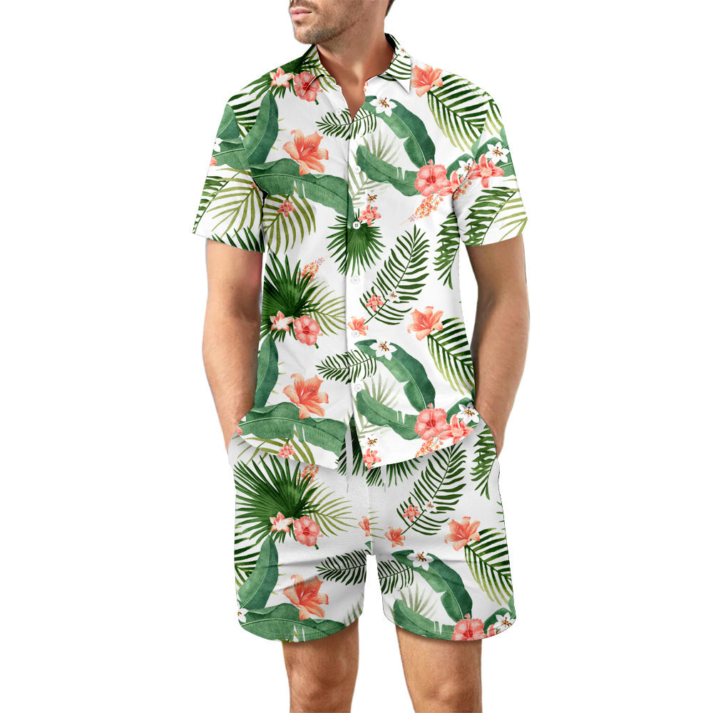 2-Piece Men's Summer Beach Outfit: Printed Loose Lapel Button-Up Shirt and Drawstring Pocket Shorts Casual Set