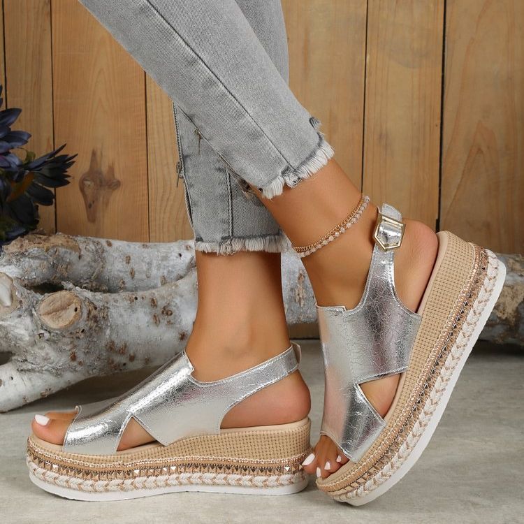 Glamorous Summer Wedge Sandals with Shiny Hollow Design and Buckle Closure