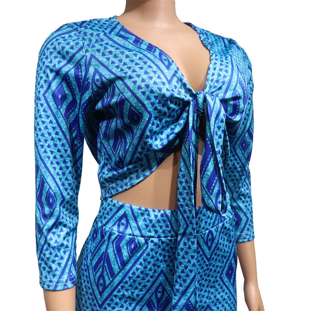 African Women Fashion Tops and Pants Set: Blue Polyester Outfit in Sizes M, L, XL