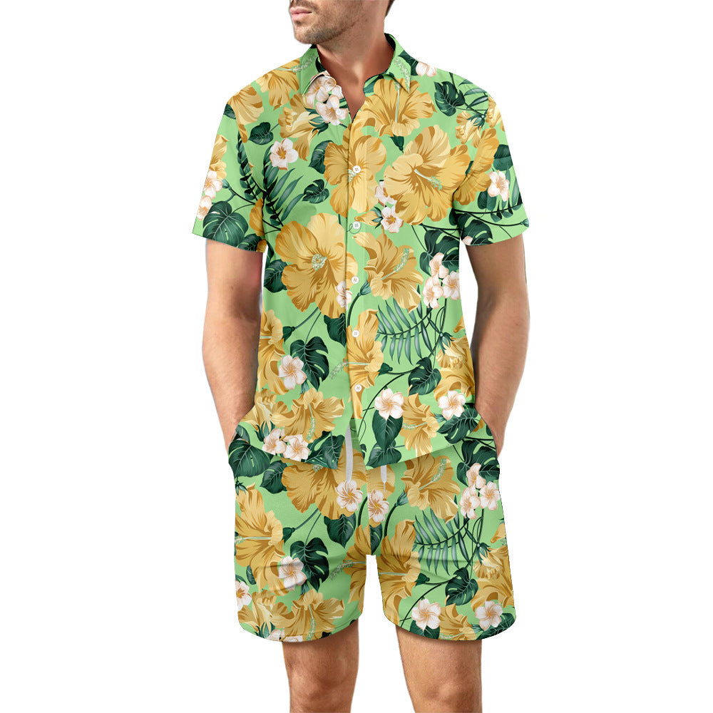 2-Piece Men's Summer Beach Outfit: Printed Loose Lapel Button-Up Shirt and Drawstring Pocket Shorts Casual Set