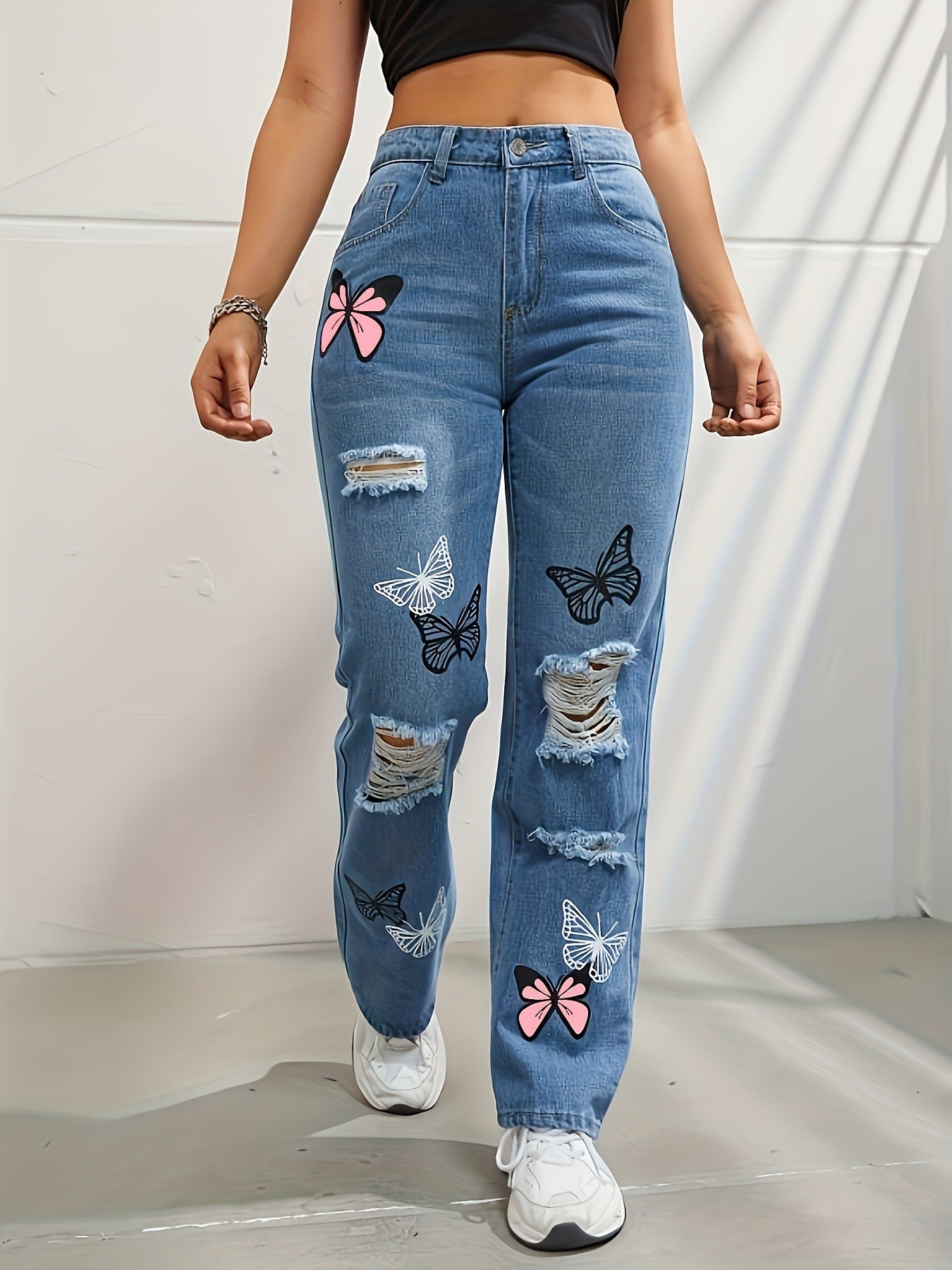 High Waisted Straight Leg Jeans For Women - Trendy Butterfly Print Ripped Distressed Denim