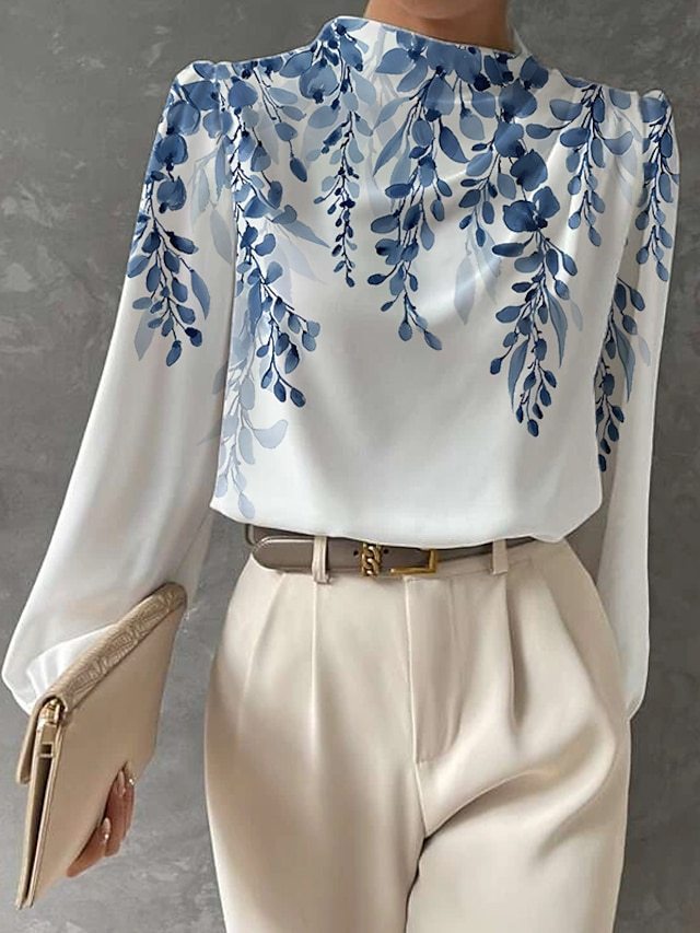 Chic Printed Top with Half High Collar and Lantern Sleeves