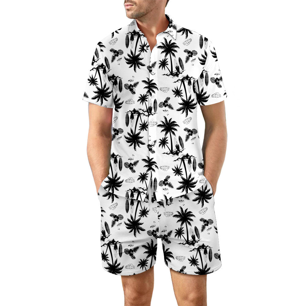 2-Piece Men's Summer Beach Outfit: Printed Loose Lapel Button-Up Shirt and Drawstring Pocket Shorts Casual Set