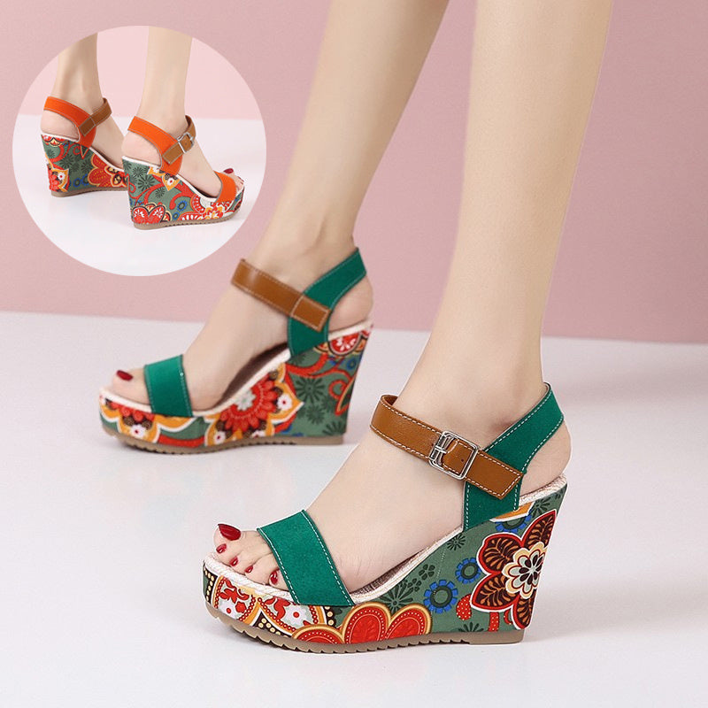 Elegant Floral Embroidered High Wedge Sandals with Buckle - Perfect for Summer