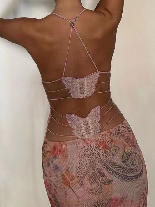 Floral Print Halter Spaghetti Straps Dress: Sexy Slim Butterfly Back Dress for Spring Summer Women's Clothing