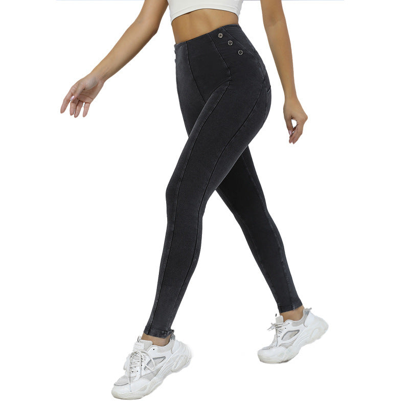 Hip-Lifting Skinny Yoga Pants with Side Buttons - Women’s Fitness Wear