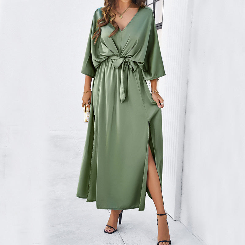 Elegant Flow: V-neck Bat Sleeve Maxi Dress with High Waist and Split Design