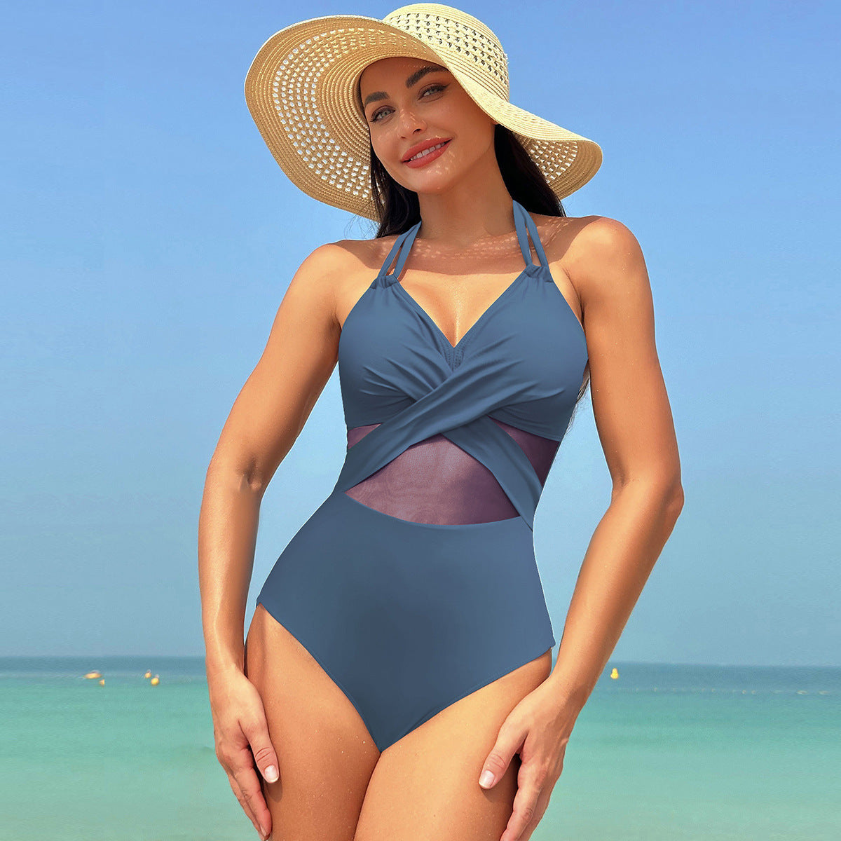 Halter-Neck Cross-Strap Mesh One-Piece Swimsuit - Elegant Solid Color Bikini for Summer Beach Vacations Women's Clothing