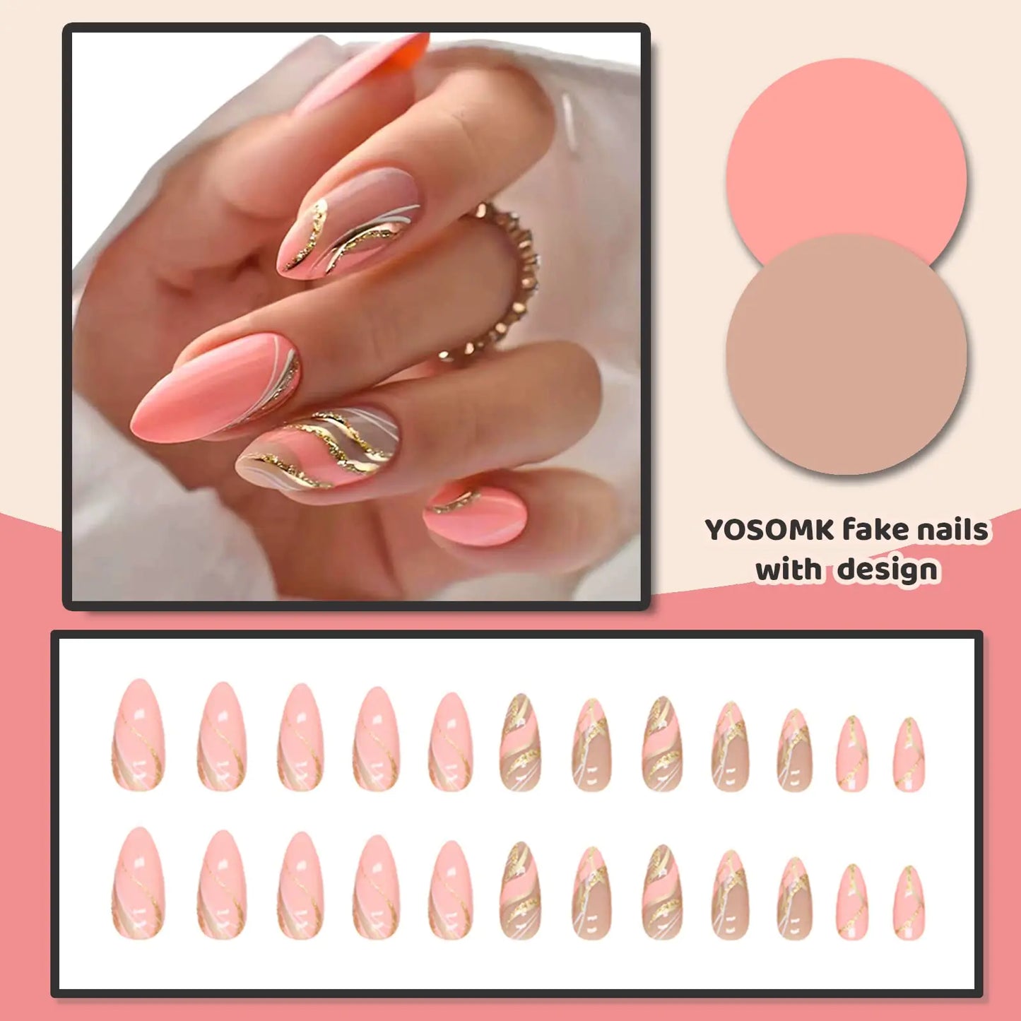 YOSOMK Press on Nails Medium Almond Fake Nails with Swirl Designs Glossy Stick on Artificial Nails Glitter Sequins Full Cover Pink False Nails for Women Orange pink