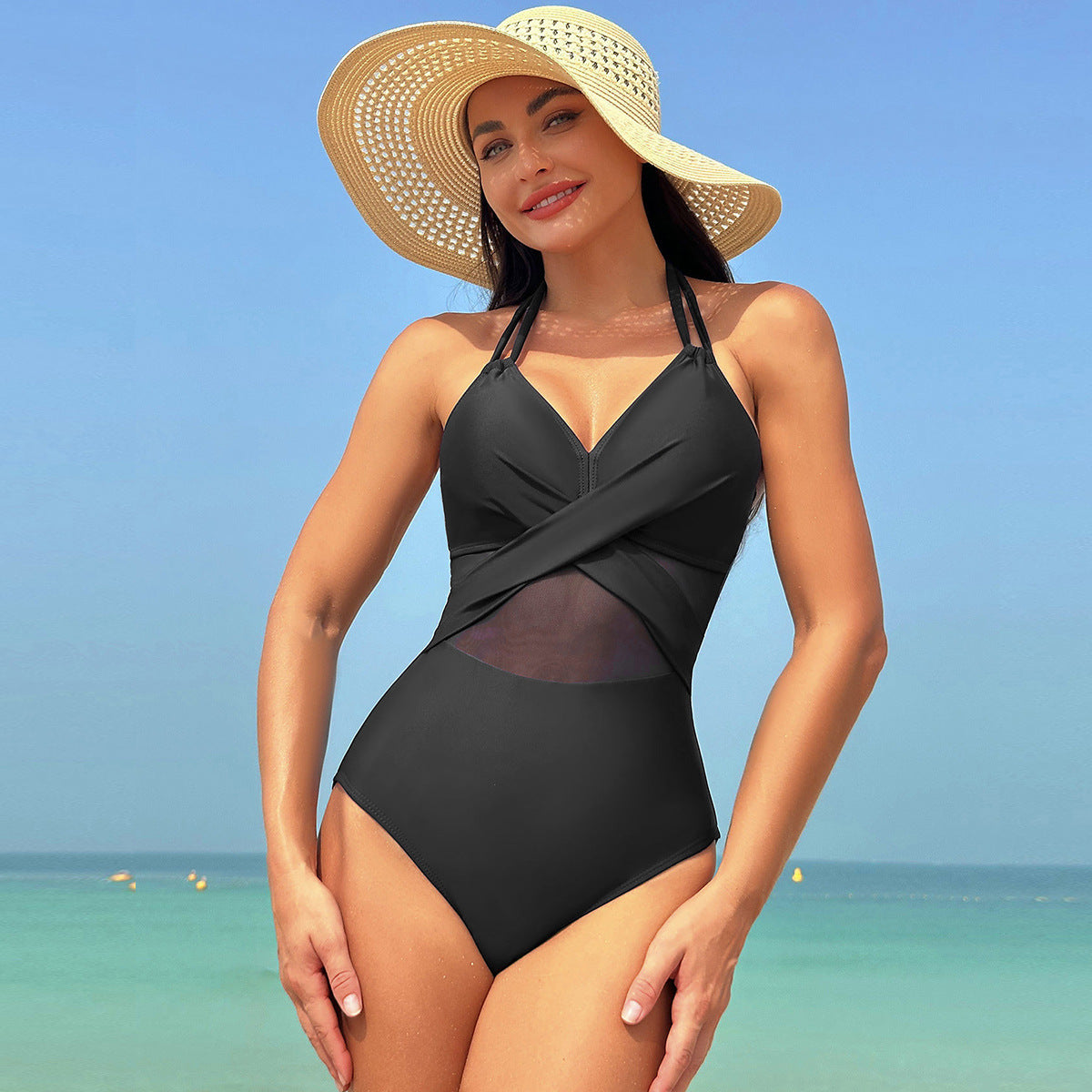 Halter-Neck Cross-Strap Mesh One-Piece Swimsuit - Elegant Solid Color Bikini for Summer Beach Vacations Women's Clothing