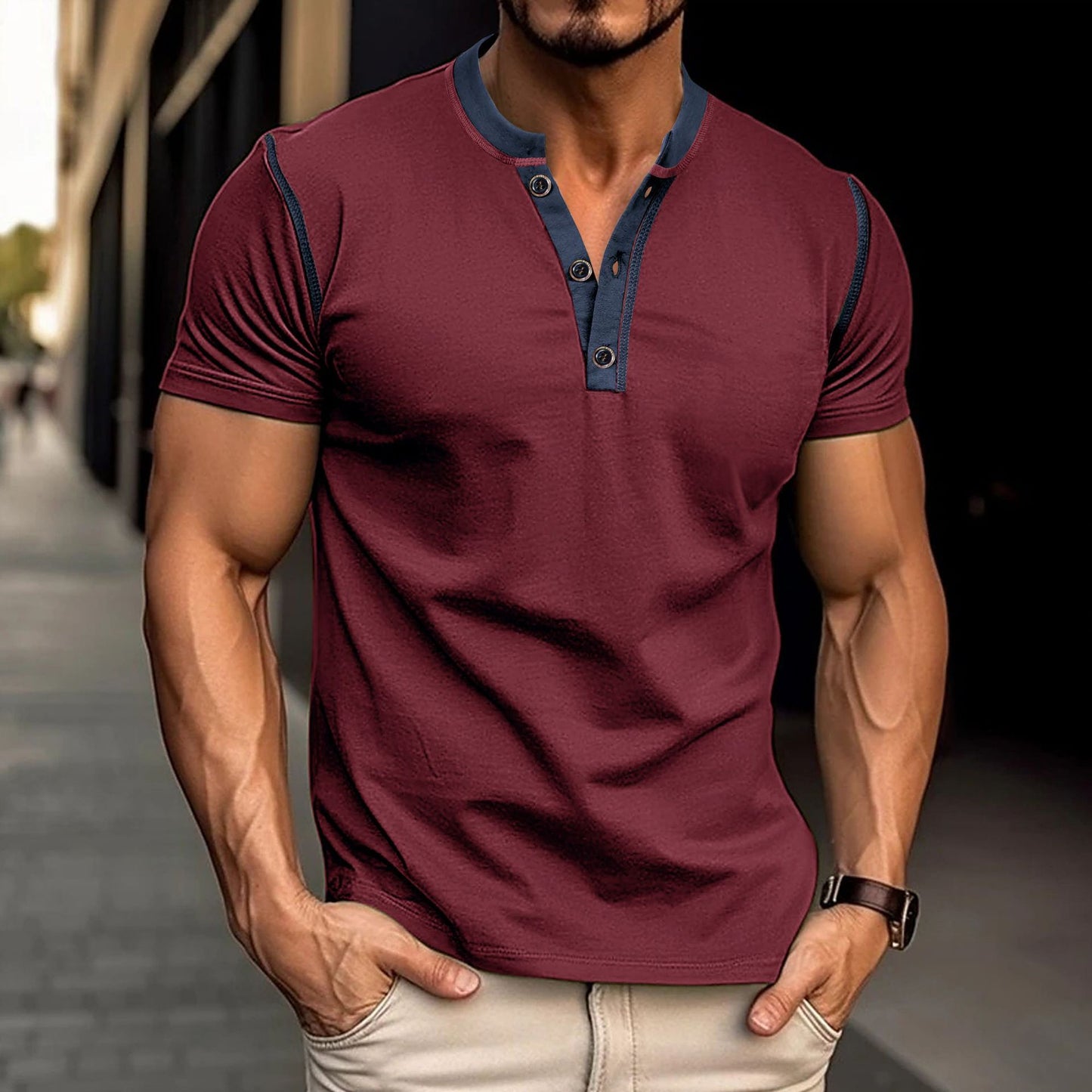 Short-sleeved Polo Shirt Summer Button V-neck  and T-shirt Tops for Men