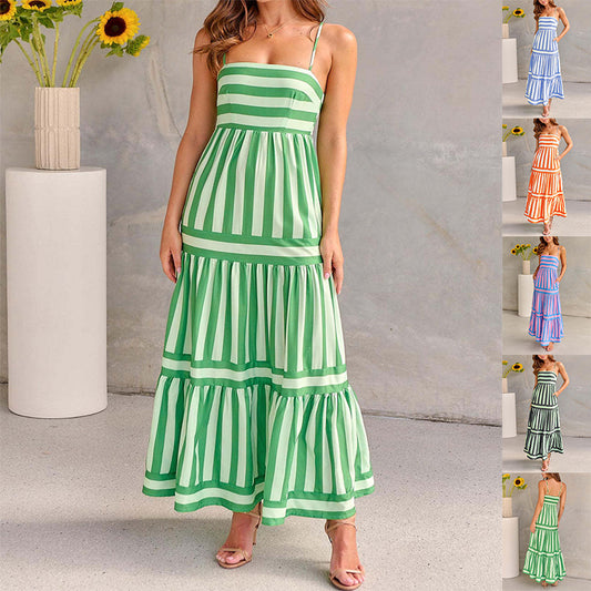 Summer Striped Suspender Maxi Dress with Pockets - Fashionable Square Neck Backless Beachwear for Women