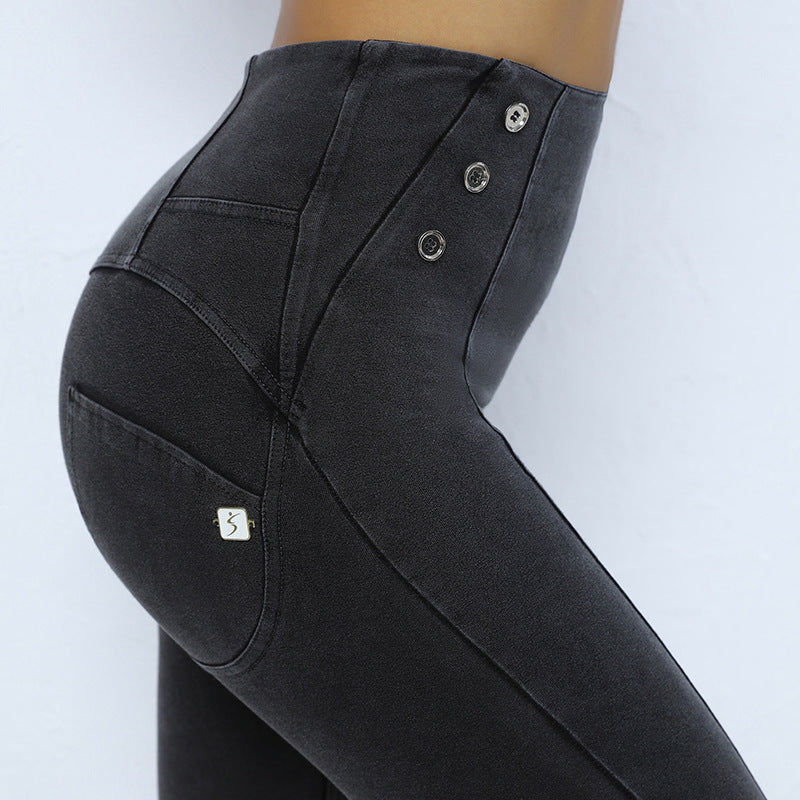 Hip-Lifting Skinny Yoga Pants with Side Buttons - Women’s Fitness Wear