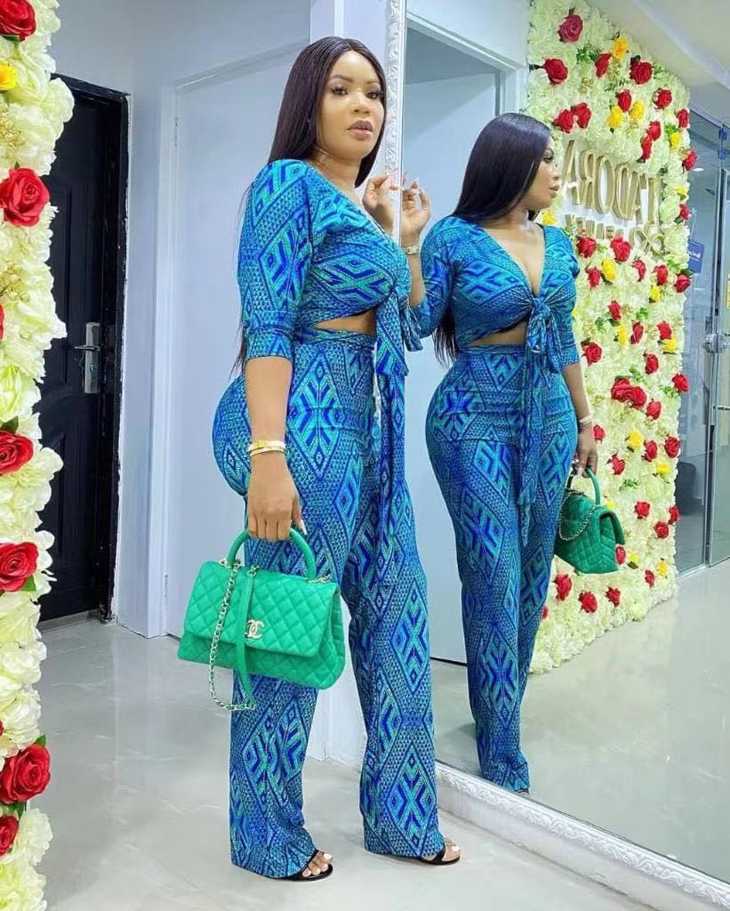 African Women Fashion Tops and Pants Set: Blue Polyester Outfit in Sizes M, L, XL