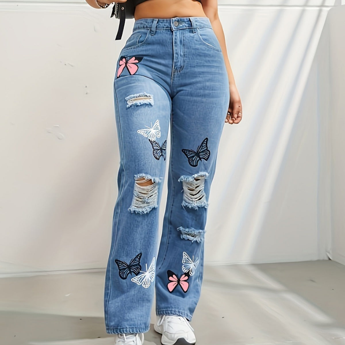 High Waisted Straight Leg Jeans For Women - Trendy Butterfly Print Ripped Distressed Denim