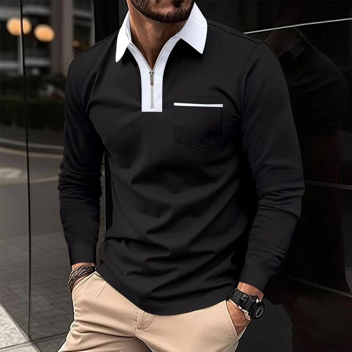 2024 Autumn Men’s Long Sleeve Zipper Polo Shirts - Casual Lapel Collar Henley Shirts with Pockets