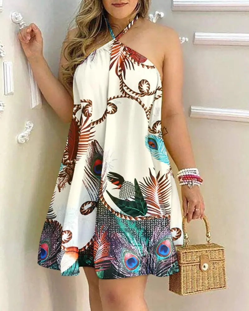 Summer Printed Dress With Off-Shoulder Hanging For Women