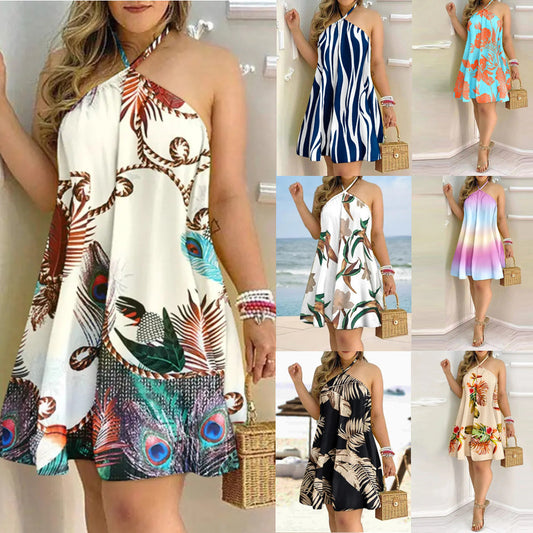 Summer Printed Dress With Off-Shoulder Hanging For Women