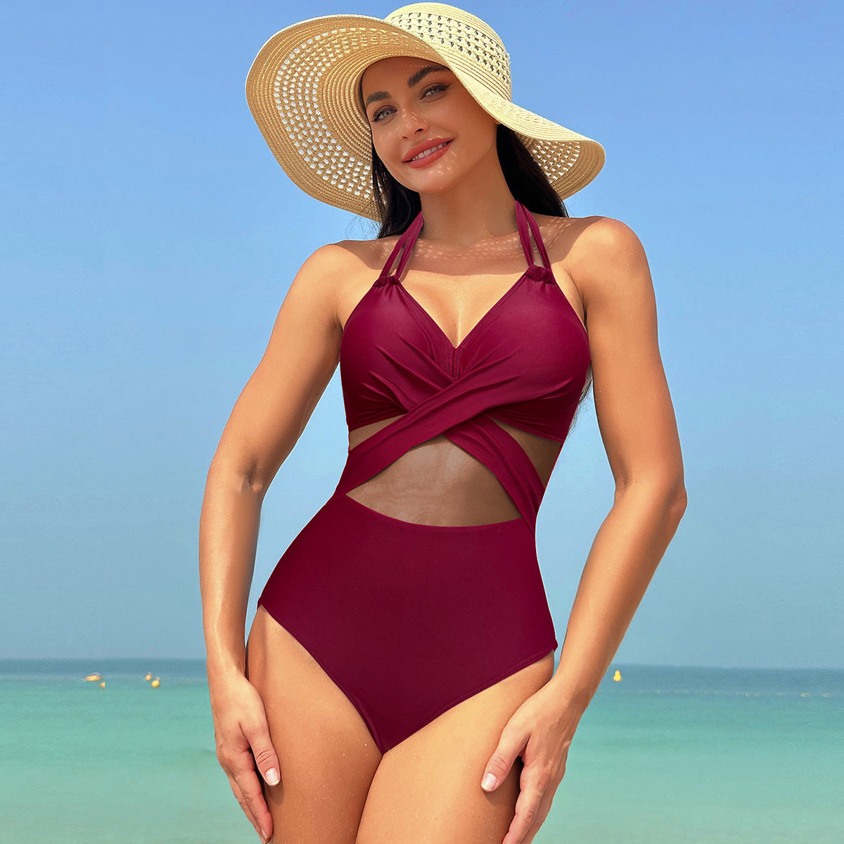 Halter-Neck Cross-Strap Mesh One-Piece Swimsuit - Elegant Solid Color Bikini for Summer Beach Vacations Women's Clothing