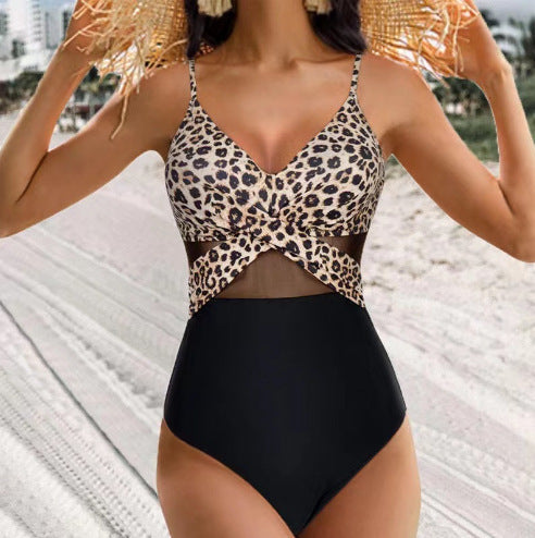 Halter-Neck Cross-Strap Mesh One-Piece Swimsuit - Elegant Solid Color Bikini for Summer Beach Vacations Women's Clothing