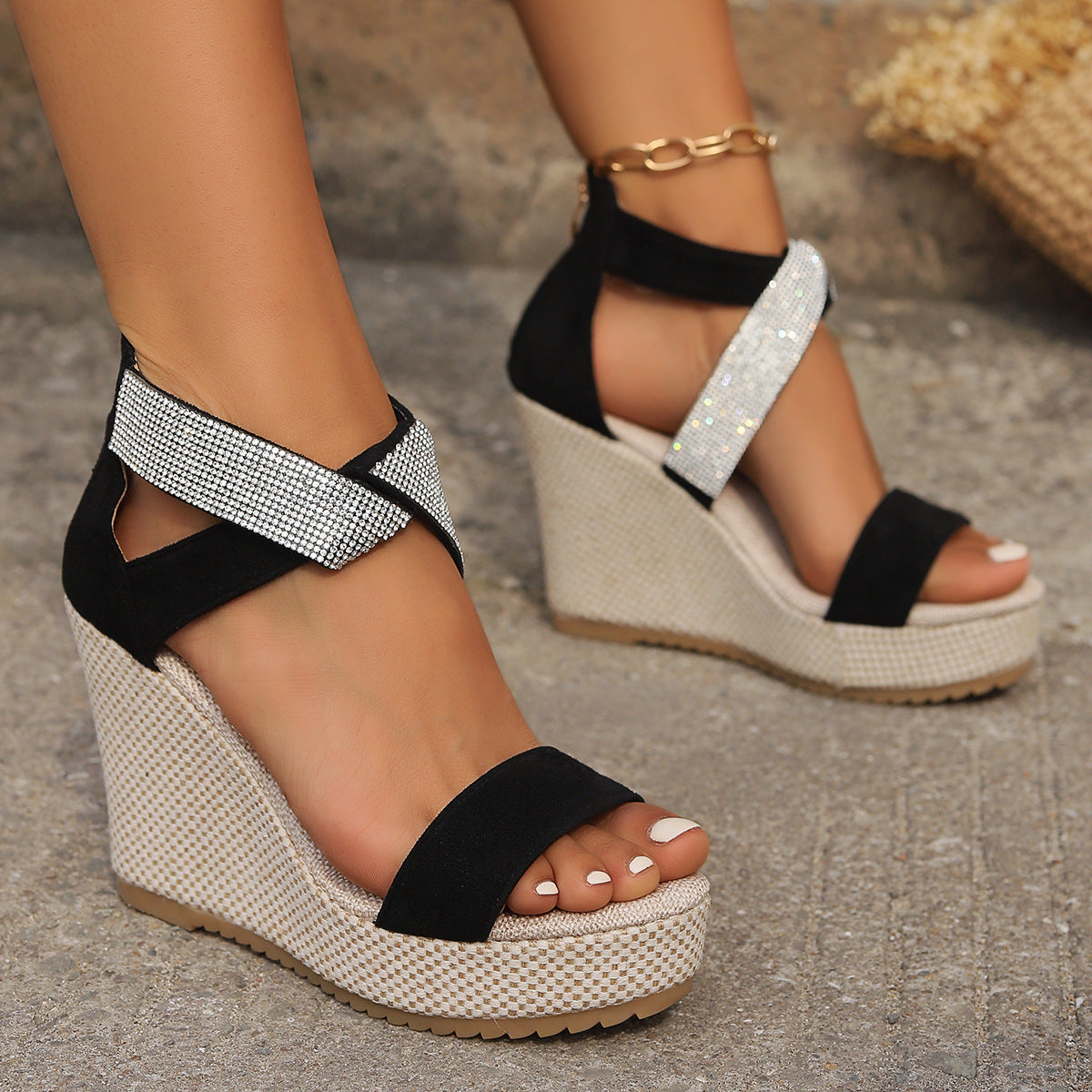 Fish Mouth High Wedges Sandals with Rhinestone Design - Fashion Summer Platform Shoes for Women