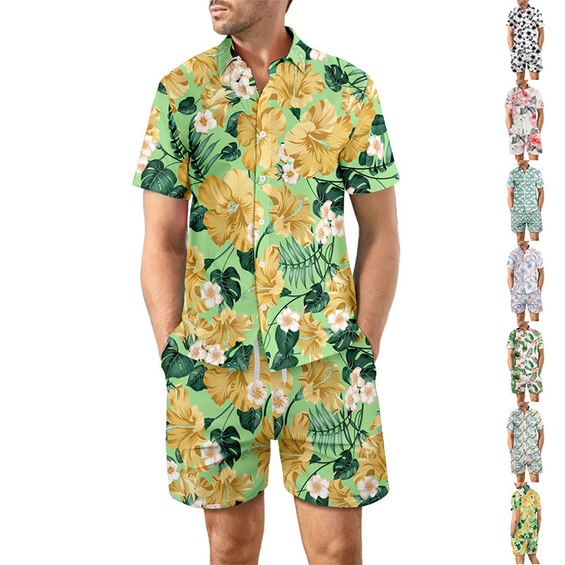 2-Piece Men's Summer Beach Outfit: Printed Loose Lapel Button-Up Shirt and Drawstring Pocket Shorts Casual Set