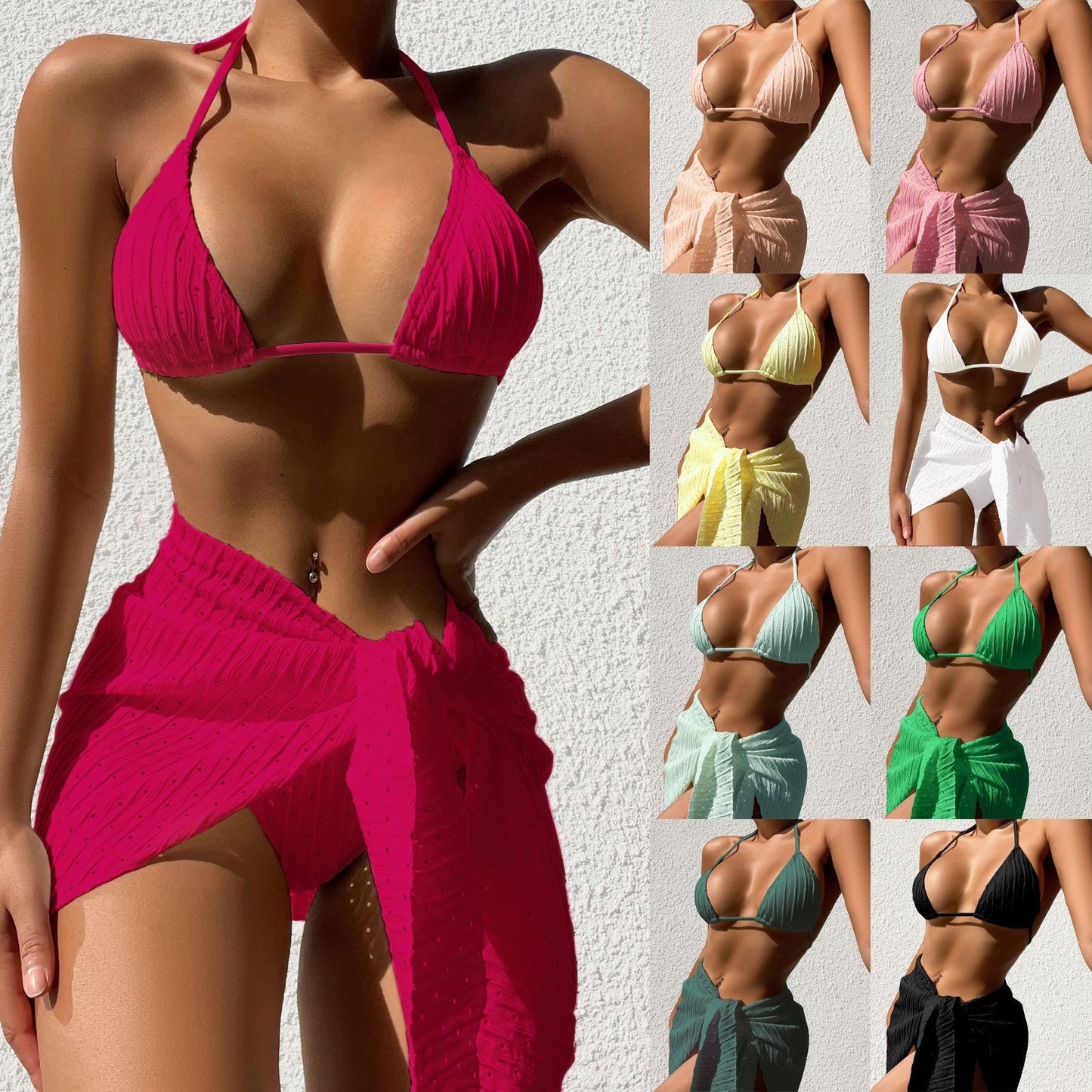 Beach-time ready 3-piece Halterneck Swimsuit Set with a Sexy Backless Bikini, Mesh Skirt included.