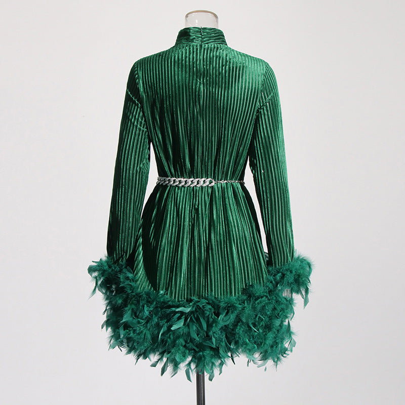 Retro Spring Stand Collar Dress with Long Sleeves and Chain Feather Detail