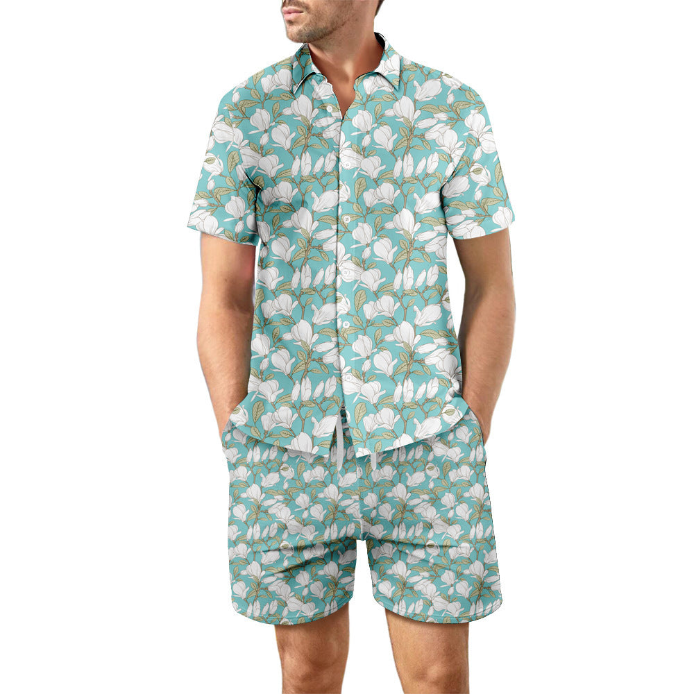 2-Piece Men's Summer Beach Outfit: Printed Loose Lapel Button-Up Shirt and Drawstring Pocket Shorts Casual Set