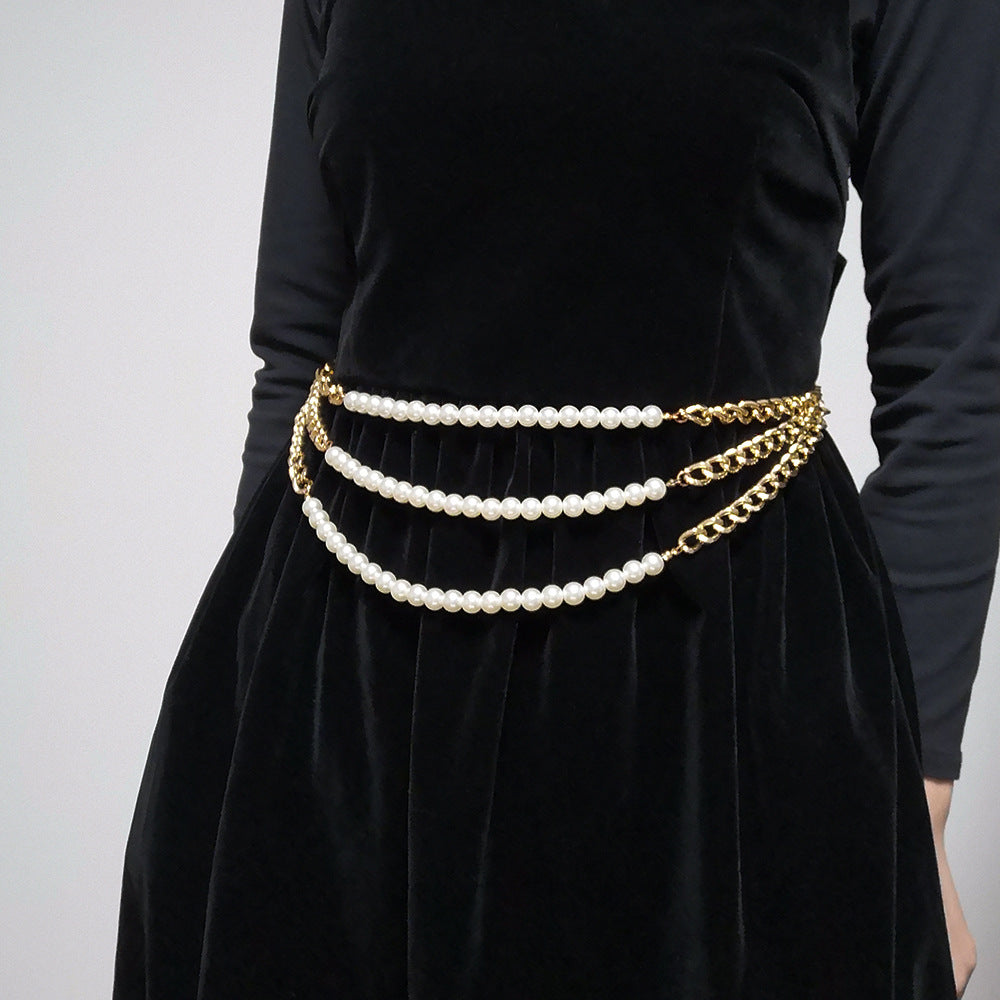 Elegant Waist Chain with Three-Layer Pearl Detail - Versatile Belt for Dresses and Shirts