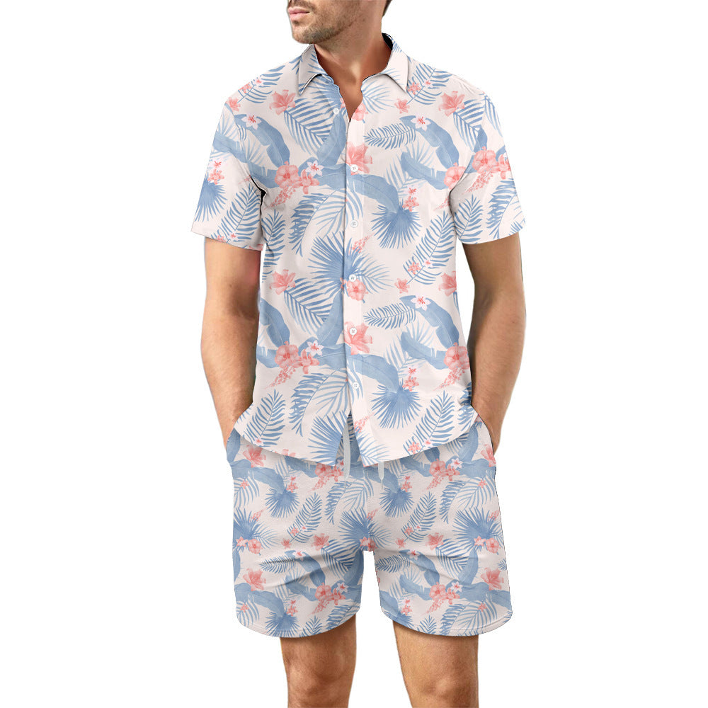 2-Piece Men's Summer Beach Outfit: Printed Loose Lapel Button-Up Shirt and Drawstring Pocket Shorts Casual Set