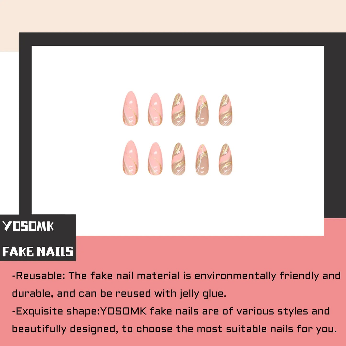 YOSOMK Press on Nails Medium Almond Fake Nails with Swirl Designs Glossy Stick on Artificial Nails Glitter Sequins Full Cover Pink False Nails for Women Orange pink